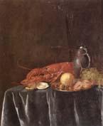 Pieter Gijsels Still life of a lemon,hazelnuts and a crab on a pewter dish,together with a lobster,oysters two wine-glasses,green grapes and a stoneware flagon,all u France oil painting art